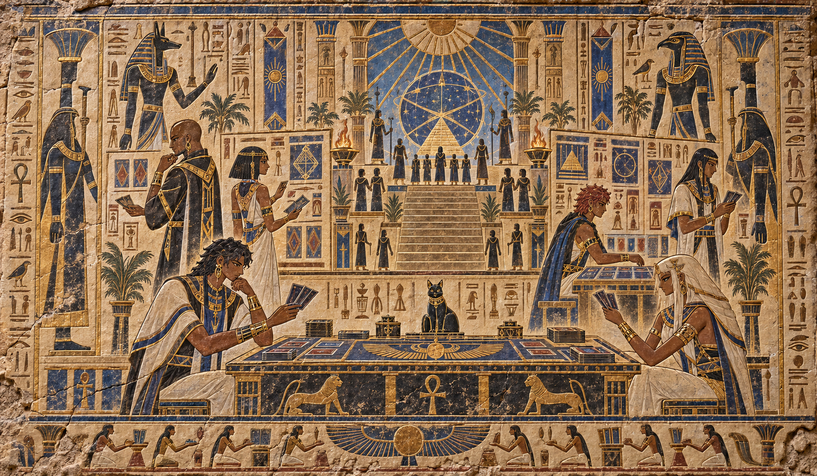 Egyptian-style mural of guild members playing cards around a stone table